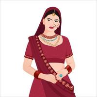 woman in traditional Indian bridal look, Indian bride character vector illustration on white background.