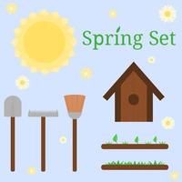 A collection of spring garden items. Shovel, rake and broom for the yard. Bed and grass, birdhouse and sunshine. Daisies on blue background. Vector illustration in flat cartoon style.