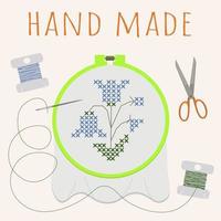 Cross-stitch on canvas. Embroidery frame, floss threads, needle and scissors. vector