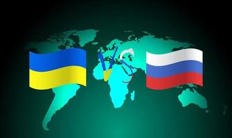 Flags of the Russian Federation and Ukraine on the world map background. Crisis in international relations. War on the border. Political dialogue and presidential meetings. vector