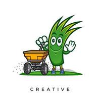 Grass mascot holding a push spreader vector