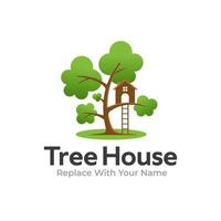 Tree house logo with illustration of a small house on a tree vector