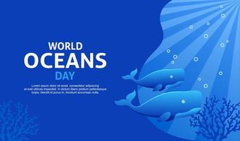 World oceans day background with blue and whale themes vector