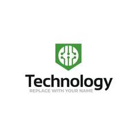 Technology logo with a circuit board icon green color vector