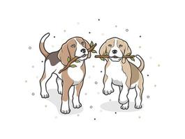 Cute puppy is biting a branch with a background of dots vector