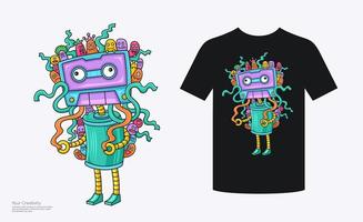 Colorful funny character t-shirt design of tangled tape cassette vector