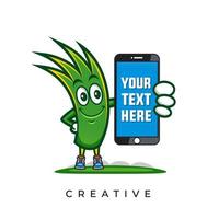 Grass mascot holding a cellphone vector