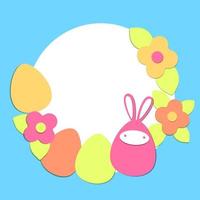 Easter frame paper cut in 3d style of colorful eggs, flowers. White and blue background. Easter day greeting card. Vector card design. Spring season. Modern cutout frame design.