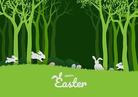 feliz tarjeta de felicitación de pascua con conejos blancos en el bosque de primavera vector