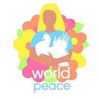 Child girl holding a white pigeon in her hands. Flat flowers background. No war. Message peace to the world. Font world peace. White dove simbol. vector