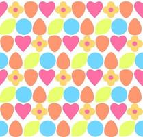 Beautiful abstract geometric colorful easter seamless pattern.  Abstract ornament pattern of simple elements heart, circle, leaf, flower. Actual bright neon colors. White background. vector