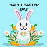 happy easter day hand drawn illustration with rabbit hugging eggs, carrot, plants, and flower vector