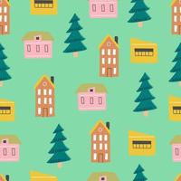 Seamless pattern of childish cartoon town for fabric, wallpaper design. vector