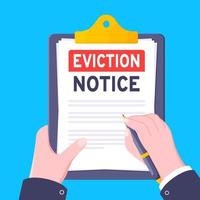 Hand holds eviction notice legal document with stamp, paper sheets and file vector illustration flat style design.