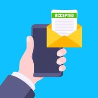 carta de aceptación de colegio o universidad en la pantalla del teléfono inteligente, correo electrónico de documento de sobre abierto. vector