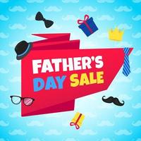 Father's day sale concept template flat style design vector illustration with big ribbon, text typography, gift boxes, hat, golden crown, mustaches, tie bow eye glasses and funny background.