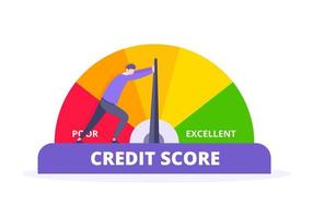 Man pushes credit score arrow gauge speedometer indicator with color levels. vector