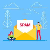 People read new spam message concept flat style design vector illustration. Open envelope with text on it and people near read message on devices. Warning and hacking security symbols composition.