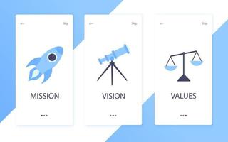 Mission, vision and values flat style design icons signs web concepts vector illustration set