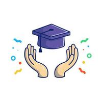 Graduation Hat, Hands And Confetti Cartoon Vector Icon Illustration.  Education People Icon Concept Isolated Premium Vector. Flat  Cartoon Style