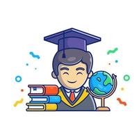 Man Graduation, Globe, And Book Cartoon Vector Icon Illustration.  People Education Icon Concept Isolated Premium Vector. Flat Cartoon  Style