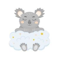 Koala sleeping on the cloud with stars. Vector illustration of cute koala for kids.