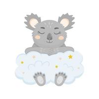 Koala sleeping on the cloud with stars. Vector illustration of cute koala for kids.