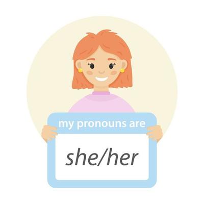 Girl holding sign with gender pronoun. She her pronouns. Isolated on white background.