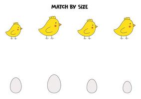 juego de correspondencias para niños en edad preescolar. unir pollitos y huevos por tamaño. vector