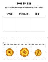 Sort golden coins by size. Educational worksheet for kids. vector