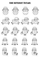 Find cute Easter lamb is different from others. Black and white worksheet for kids. vector