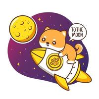 cute chubby puppy flying to the moon with rocket illustration vector
