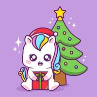 lindo unicornio navideño con regalo vector