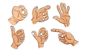 Hands set in different gestures with hand drawn cartoon style vector