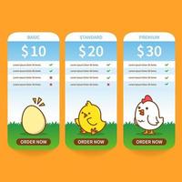 Pricing table list with cute chicken vector