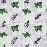 Seamless pattern of herbs, drawn element in doodle style. Herbs and spices - basil, melissa and rosemary on an abstract background. Pattern in a trendy linear style and green. vector