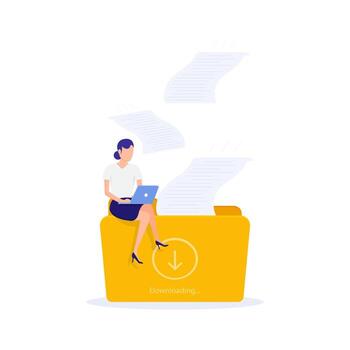 Woman sitting on a folder downloading work. Concept of file download, data storage, cloud computing service, digital information organization. vector