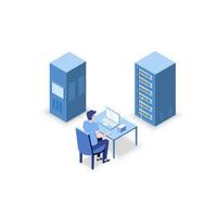 Isometric Vector Illustration diagnostic test in a server computer room. Server test in room. Servers being tested in room. Technology communication . Infographics Stick Figure.