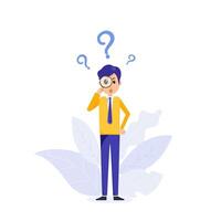 Businessman holding magnifying glass and looking through it at interrogation points. Concept of frequently asked questions, query, investigation, search for information. vector