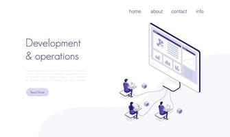 Landing page template with group of programmers coding on laptops, computer and smartphone. Concept of cross-platform software development, apps for different devices. Isometric vector illustration.