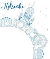 Outline Helsinki skyline with blue buildings and copy space. vector