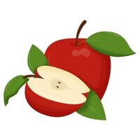 Whole red apple with green leaf isolated on white background. Flat vector illustration