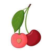 Whole red cherry with green leaf isolated on white background. Flat vector illustration