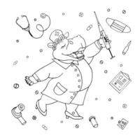 Coloring book for kids Doctor hippo with a syringe vector