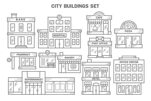 City buildings line icon set. Urban architecture elements. Bank, hospital, cafe, pizza, pharmacy, bus stop, bakery, post office, hotel and suprrmarket. Vector illustration EPS 10.