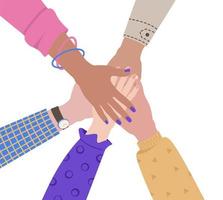 People putting their hands together. Unity and support gesture. Concept of support, teamwork and cooperation. Flat vector illustration.