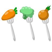 Set of vegetables on a fork. Red carrot, onion, green broccoli. vector