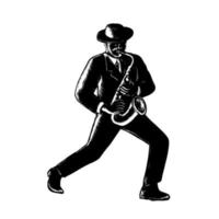 Jazz Musician Playing Sax Woodcut vector