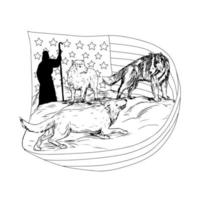 Sheepdog Defend Lamb from Wolf Drawing vector