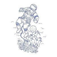 Astronaut Tethered Caravel Ship Drawing vector